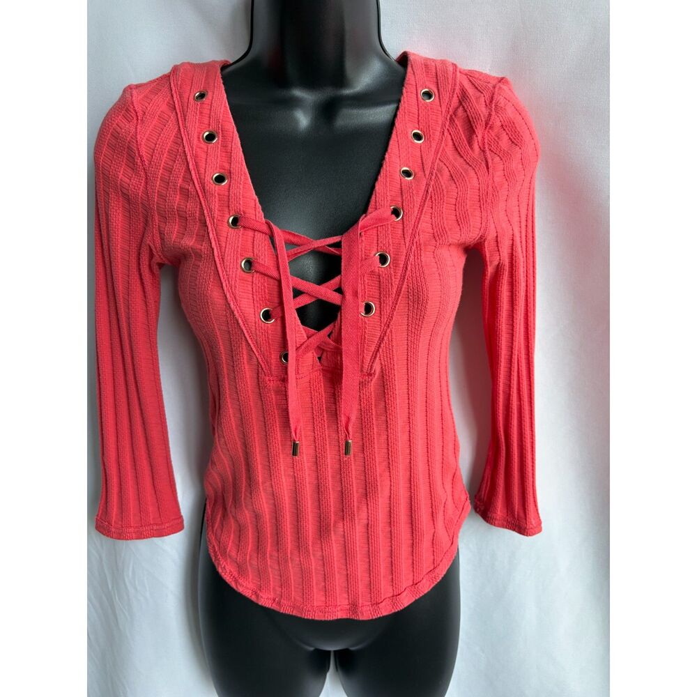Free People Ice Cold Lace Up Grommet Ribbed Top Size XS Orange Y2K Sexy Lace